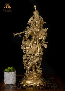 25" Highly Ornamented Ananta Krishna Standing on a Lotus Pedestal - Brass Krishna Statue