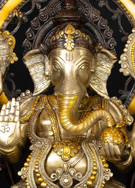 26” Shri Ananda Vinayagar - Brass Ganesha seated on a Kirtimukha Throne