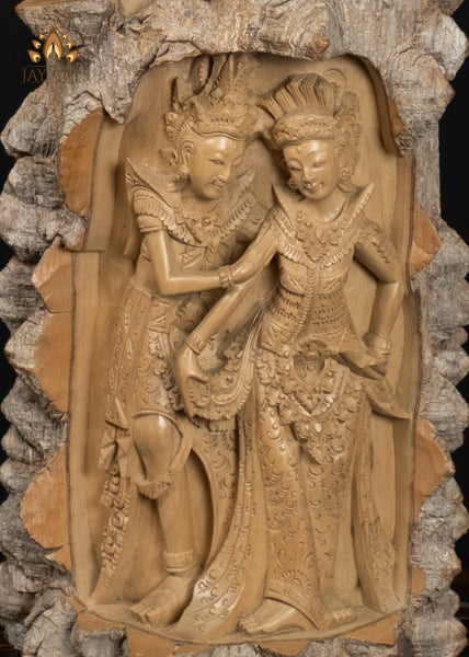 Rama and Sita Hand-Carved in Crocodile Wood with Natural Bark Exterior 12"
