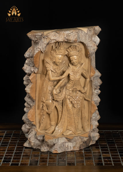 Rama and Sita Hand-Carved in Crocodile Wood with Natural Bark Exterior 12"