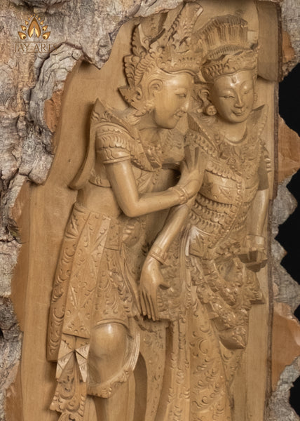 Rama and Sita Hand-Carved in Crocodile Wood with Natural Bark Exterior 12"