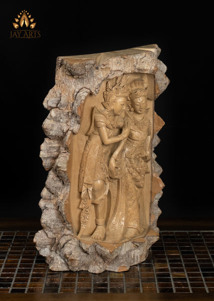 Rama and Sita Hand-Carved in Crocodile Wood with Natural Bark Exterior 12"