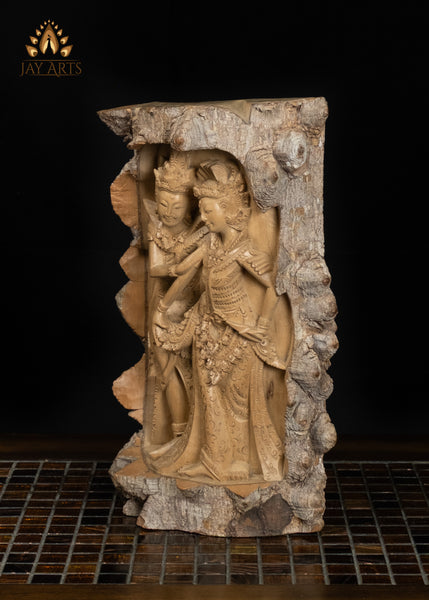 Rama and Sita Hand-Carved in Crocodile Wood with Natural Bark Exterior 12"