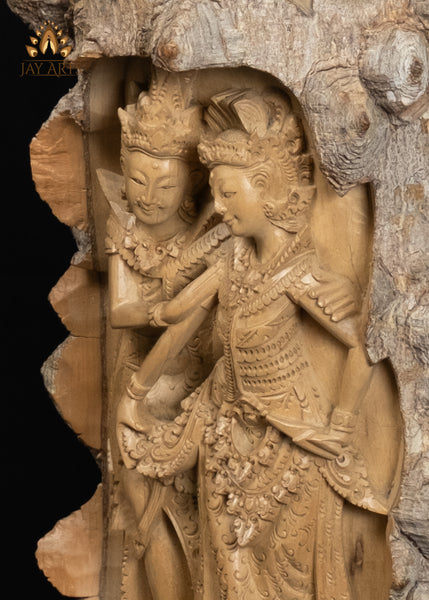 Rama and Sita Hand-Carved in Crocodile Wood with Natural Bark Exterior 12"