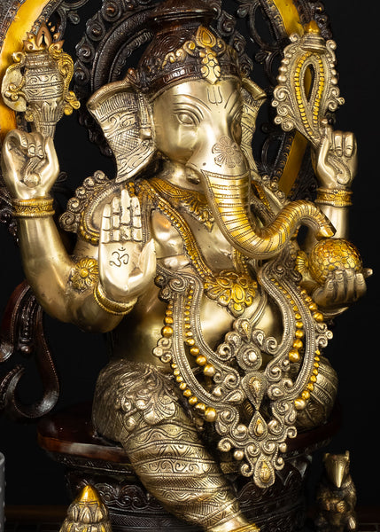 26” Shri Ananda Vinayagar - Brass Ganesha seated on a Kirtimukha Throne