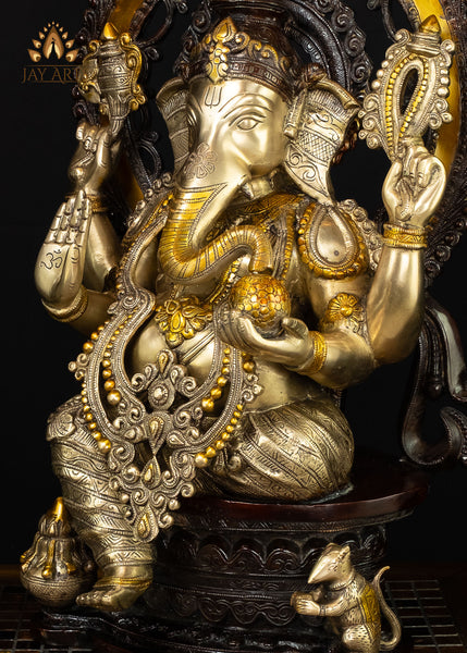 26” Shri Ananda Vinayagar - Brass Ganesha seated on a Kirtimukha Throne