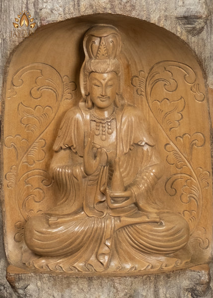 12" Kwan Yin Bodhisattva in Lotus Pose with Vase of Nectar | Wood Statue with Natural Bark