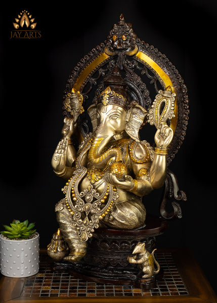 26” Shri Ananda Vinayagar - Brass Ganesha seated on a Kirtimukha Throne