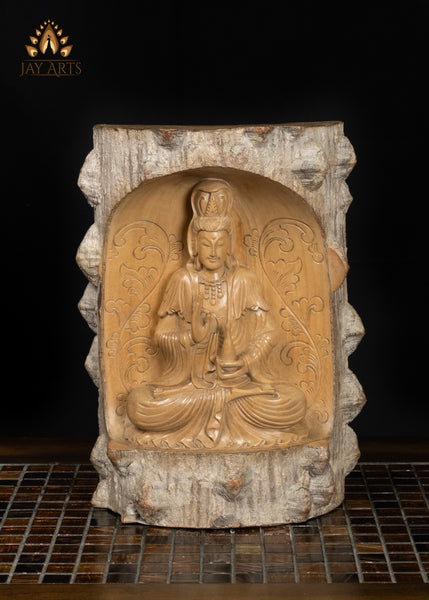 12" Kwan Yin Bodhisattva in Lotus Pose with Vase of Nectar | Wood Statue with Natural Bark