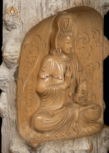 12" Kwan Yin Bodhisattva in Lotus Pose with Vase of Nectar | Wood Statue with Natural Bark