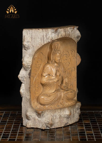 12" Kwan Yin Bodhisattva in Lotus Pose with Vase of Nectar | Wood Statue with Natural Bark