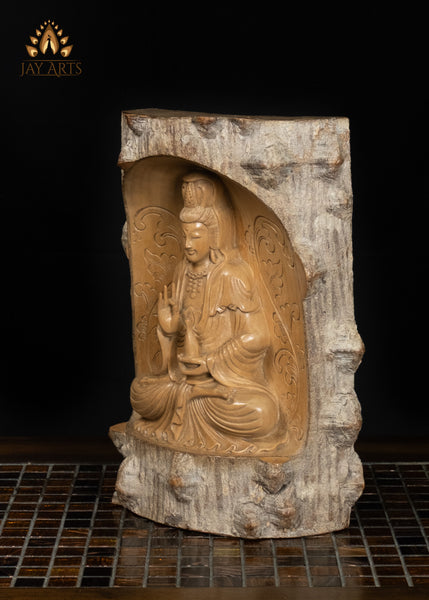 12" Kwan Yin Bodhisattva in Lotus Pose with Vase of Nectar | Wood Statue with Natural Bark