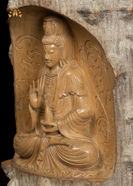 12" Kwan Yin Bodhisattva in Lotus Pose with Vase of Nectar | Wood Statue with Natural Bark