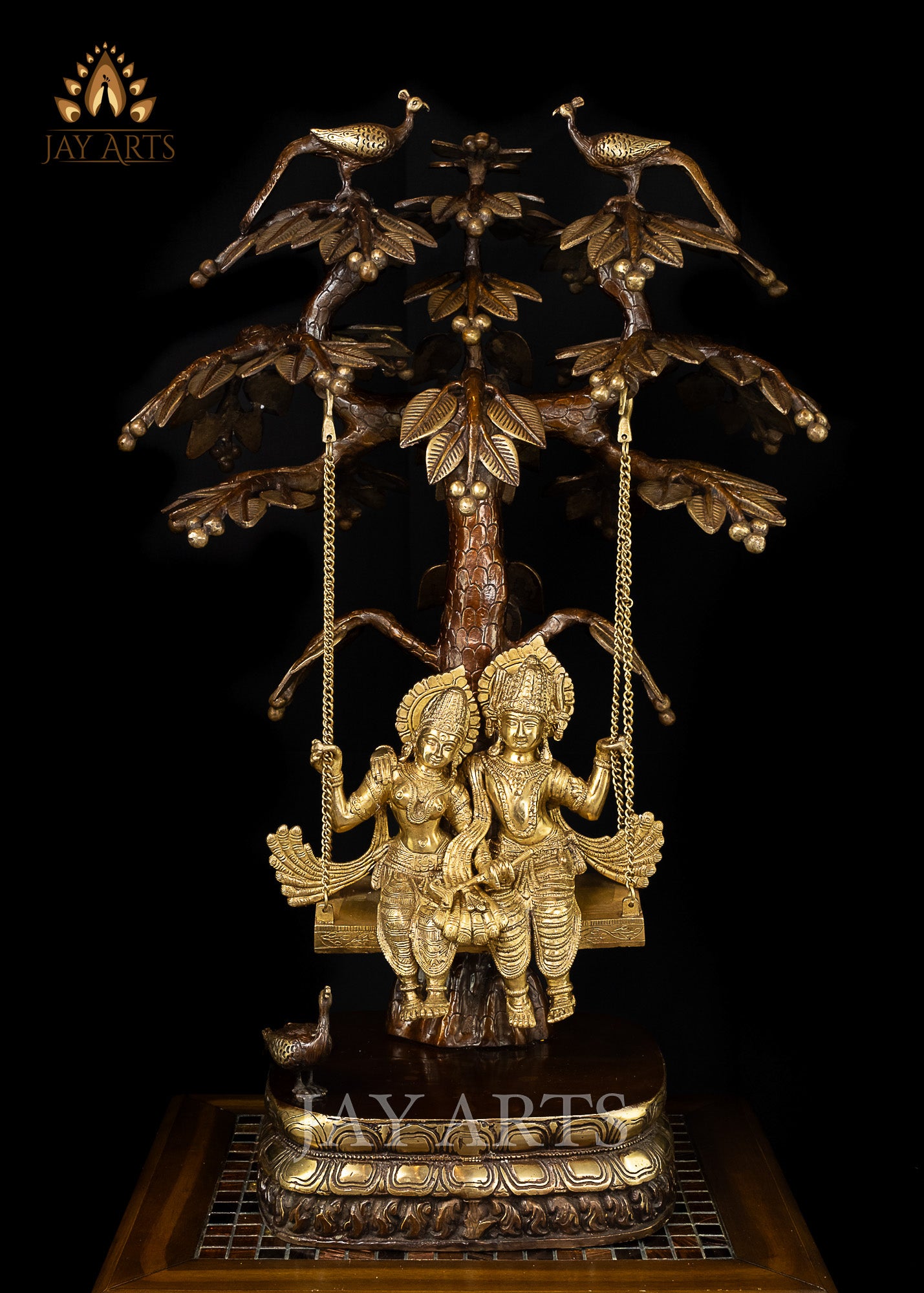 35” Radha Krishna Swinging in a Kadamba Tree - An Exuberant Statue of the Soulful Couple