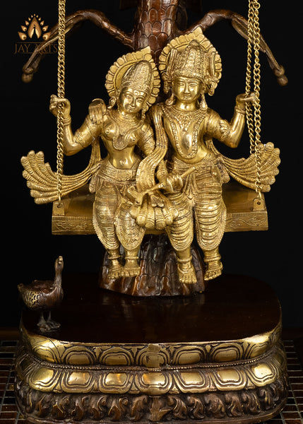 35” Radha Krishna Swinging in a Kadamba Tree - An Exuberant Statue of the Soulful Couple