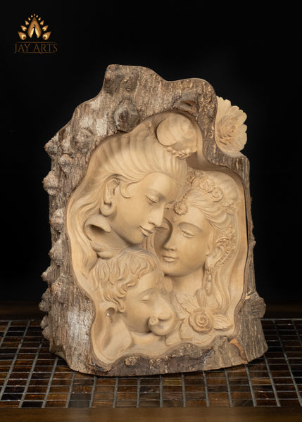 13" Shiva Parvati and Ganesha Divine Family Hand-Carved Crocodile Wood Statue