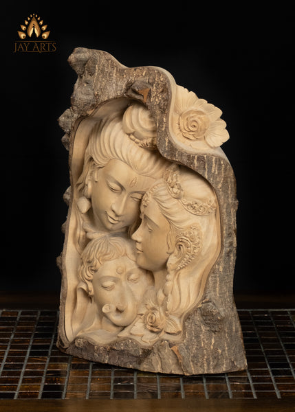 13" Shiva Parvati and Ganesha Divine Family Hand-Carved Crocodile Wood Statue