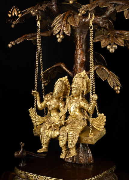 35” Radha Krishna Swinging in a Kadamba Tree - An Exuberant Statue of the Soulful Couple