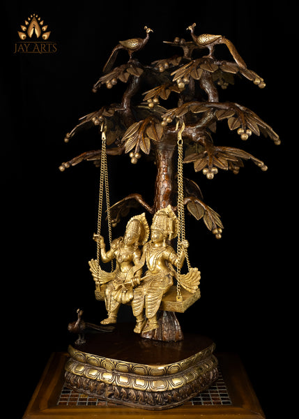 35” Radha Krishna Swinging in a Kadamba Tree - An Exuberant Statue of the Soulful Couple