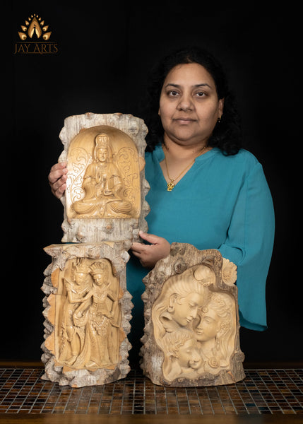 13" Shiva Parvati and Ganesha Divine Family Hand-Carved Crocodile Wood Statue