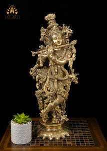 27” Kanha Playing Flute on a Lotus Pedestal - Brass Krishna Statue