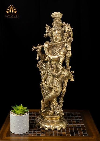 27” Kanha Playing Flute on a Lotus Pedestal - Brass Krishna Statue