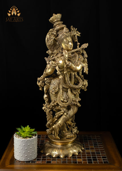 27” Kanha Playing Flute on a Lotus Pedestal - Brass Krishna Statue