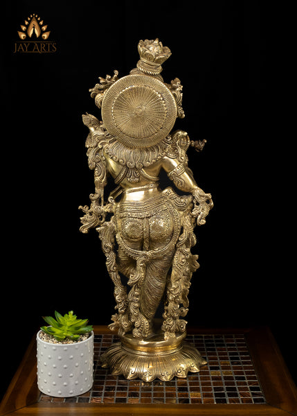 27” Kanha Playing Flute on a Lotus Pedestal - Brass Krishna Statue