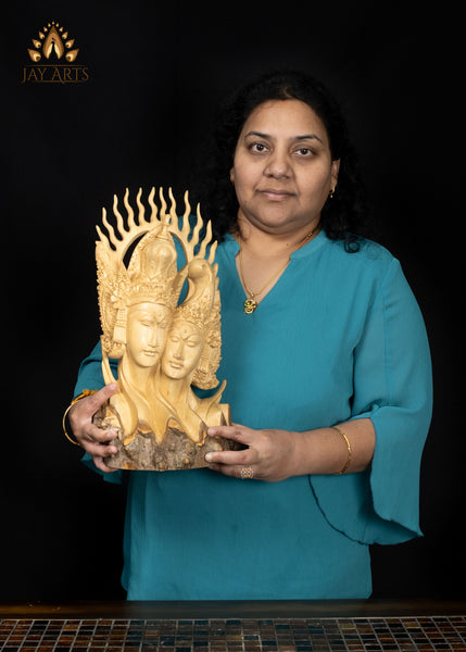 Balinese Rama and Sita Bust Hand-Carved in Crocodile Wood with Flame Halo 16"