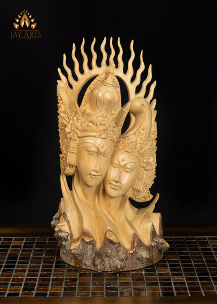 Balinese Rama and Sita Bust Hand-Carved in Crocodile Wood with Flame Halo 16"