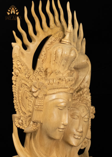 Balinese Rama and Sita Bust Hand-Carved in Crocodile Wood with Flame Halo 16"