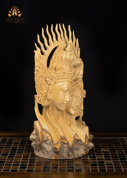 Balinese Rama and Sita Bust Hand-Carved in Crocodile Wood with Flame Halo 16"