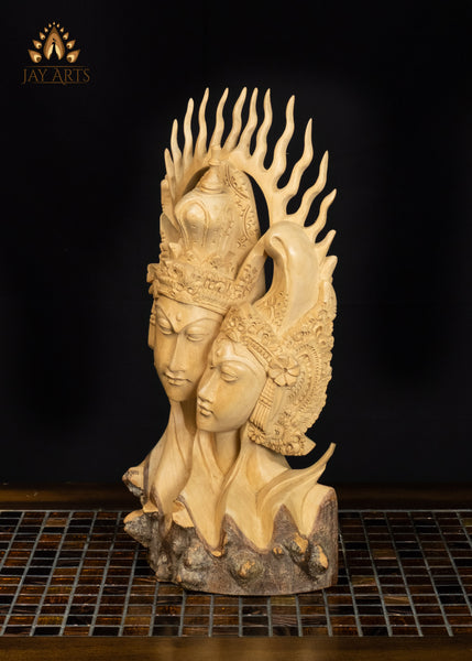 Balinese Rama and Sita Bust Hand-Carved in Crocodile Wood with Flame Halo 16"