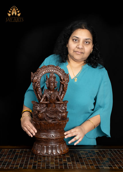Balinese Shiva Statue Seated on Double Lotus Pedestal with Ornate Arch 20"