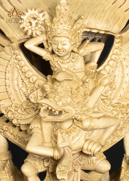 17" Balinese Vishnu Riding on Garuda Wood Statue with Intricate Details