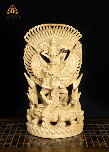 17" Balinese Vishnu Riding on Garuda Wood Statue with Intricate Details