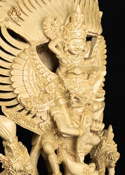 17" Balinese Vishnu Riding on Garuda Wood Statue with Intricate Details