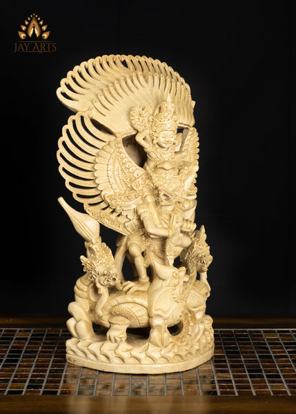 17" Balinese Vishnu Riding on Garuda Wood Statue with Intricate Details