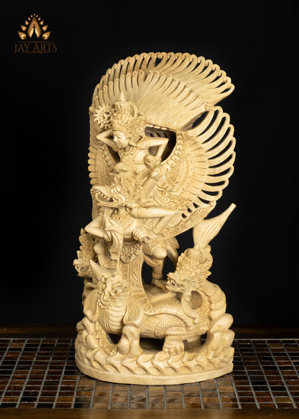 17" Balinese Vishnu Riding on Garuda Wood Statue with Intricate Details