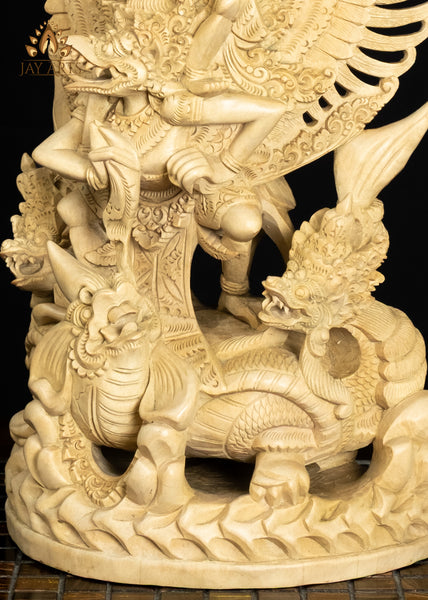 17" Balinese Vishnu Riding on Garuda Wood Statue with Intricate Details