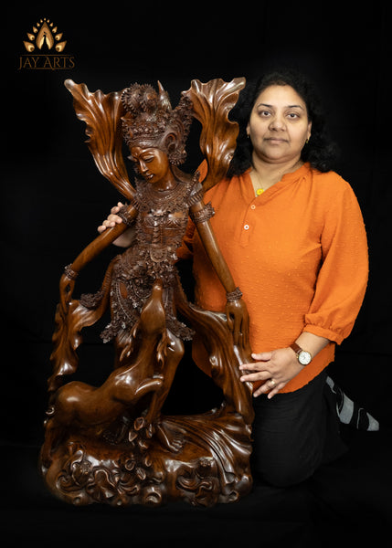 42" Sita with the Leaping Golden Deer | Hand-Carved Balinese Mahogany Masterpiece