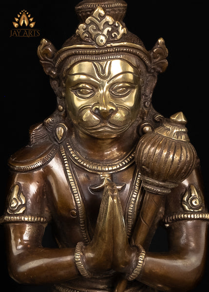 14" Namaste Hanuman Brass Statue - Hanuman in Anjali Mudra