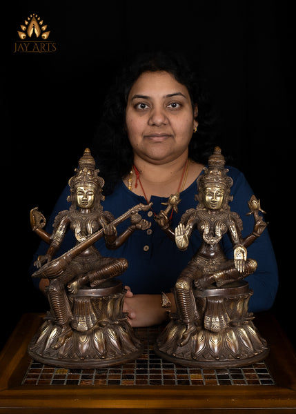 14" Goddess Saraswathi seated on a Double Lotus Pedestal Brass Statue