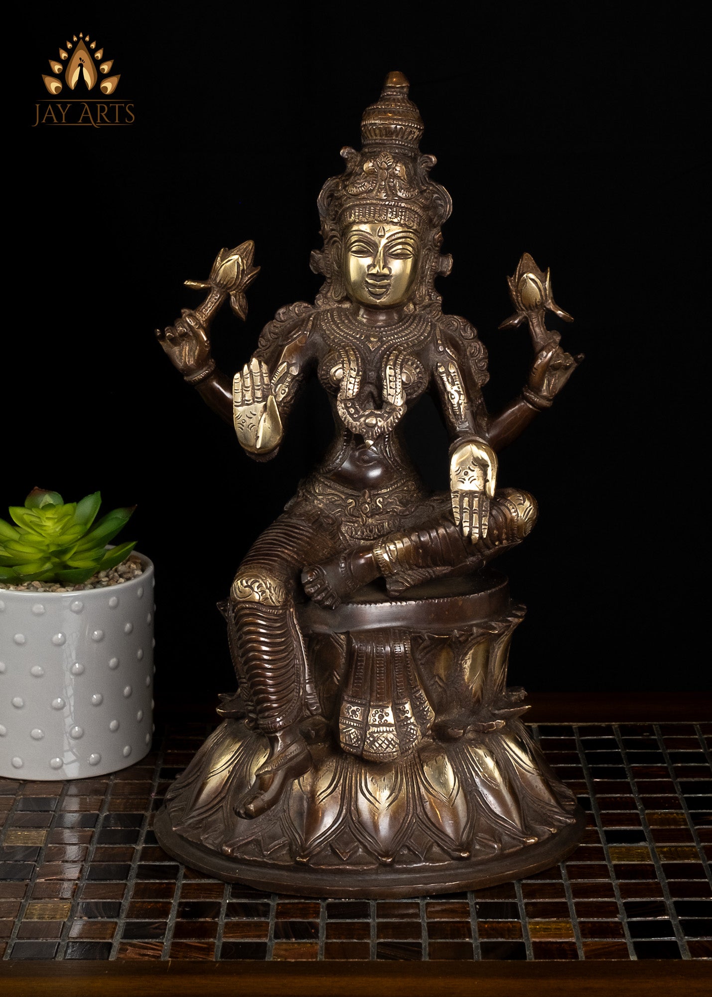 14" Goddess Lakshmi seated on a Double Lotus Pedestal Brass Statue