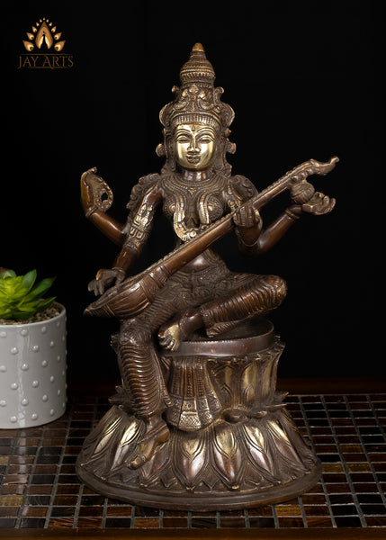 14" Goddess Saraswathi seated on a Double Lotus Pedestal Brass Statue