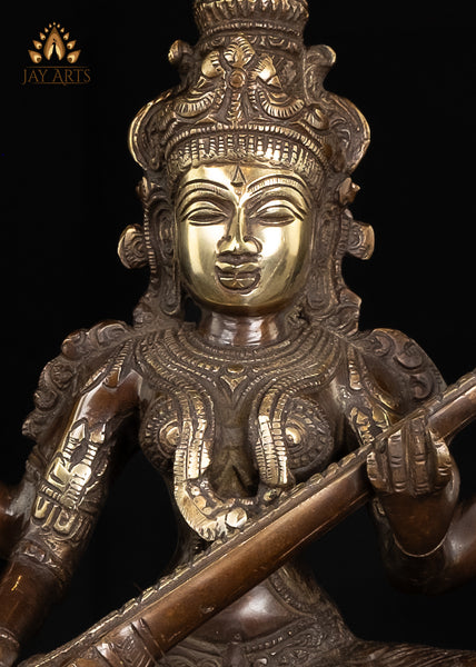 14" Goddess Saraswathi seated on a Double Lotus Pedestal Brass Statue