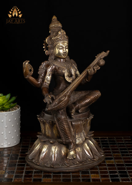 14" Goddess Saraswathi seated on a Double Lotus Pedestal Brass Statue