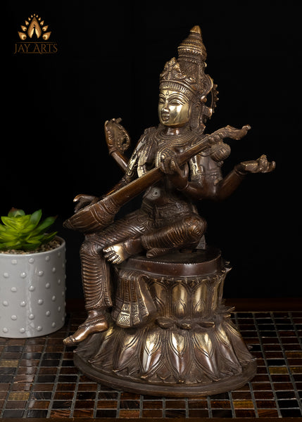 14" Goddess Saraswathi seated on a Double Lotus Pedestal Brass Statue