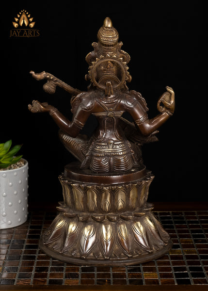 14" Goddess Saraswathi seated on a Double Lotus Pedestal Brass Statue