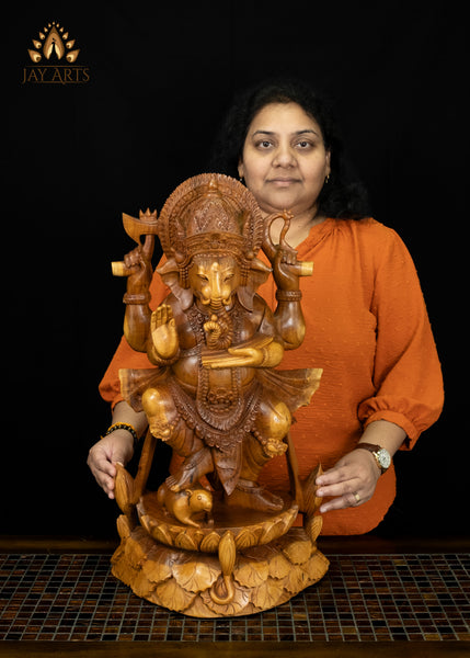 Standing Ganesha Statue with Lily Pad Base 25" | Balinese Suar Wood Carving